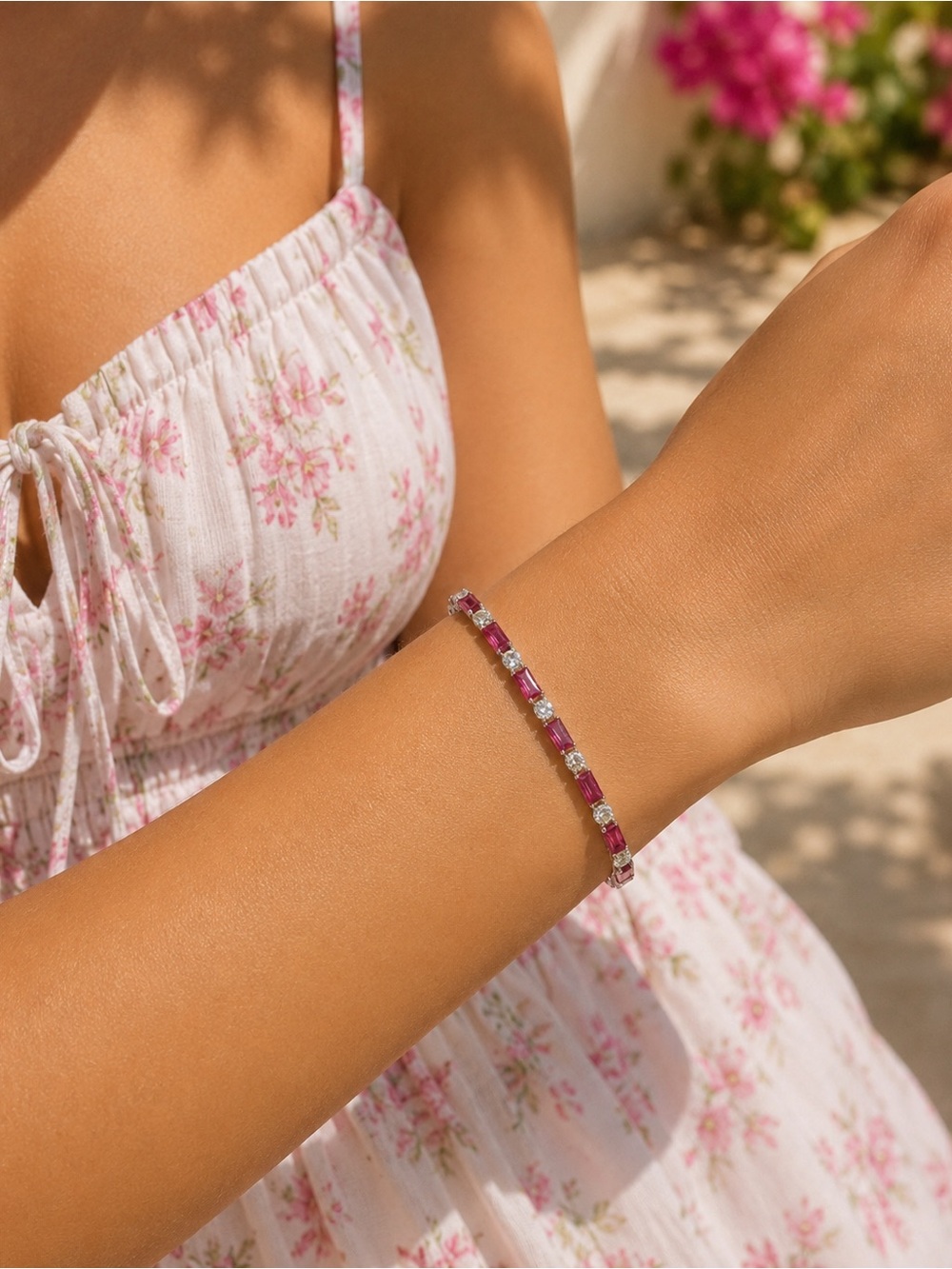 Silver Pink & Clear Gemstone Tennis Bracelet